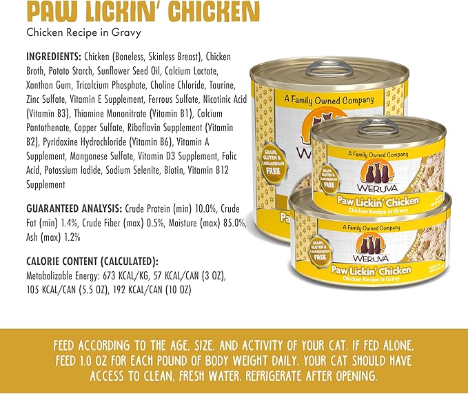 Weruva Classic Cat Food, Paw Lickin’ Chicken with Chicken Breast in Gravy, 10oz Can (Pack of 12)