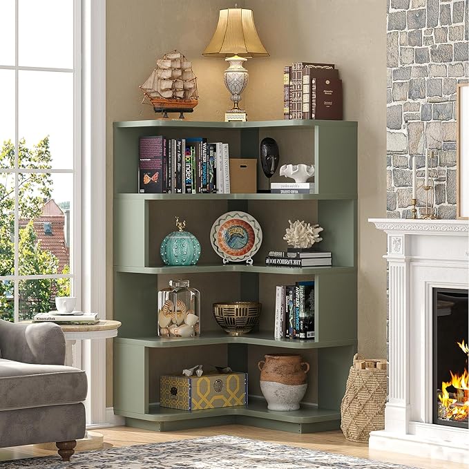Armocity Corner Book Shelf - 5 Tier Corner Bookshelf Etagere Bookcase with Baffle, Freestanding L Shaped Display Shelf Stand for Home Office, Living Room, Bedroom, Kitchen, Crab Green