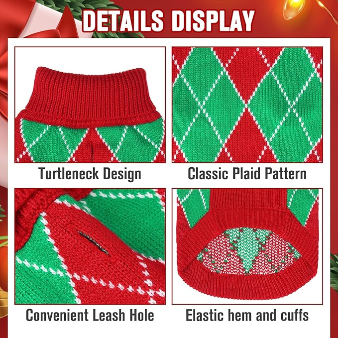 KOOLTAIL Christmas Sweater - Knit Turtleneck Cold Weather Sweater for Small Medium Large Dogs, Red and Green Plaid Pullover Knitwear Winter Warm Clothes for Puppies, Girls Boys M