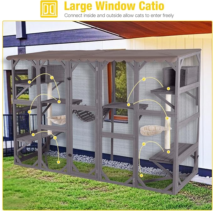 Aivituvin Catio Outdoor Cat Enclosure Window Box Wall Mounted Wooden Cat House Playground with Scratching Posts, Baskets, Resting House, Shelves and Bridge for Multiple Kitties,104" x 34" x 69.5"