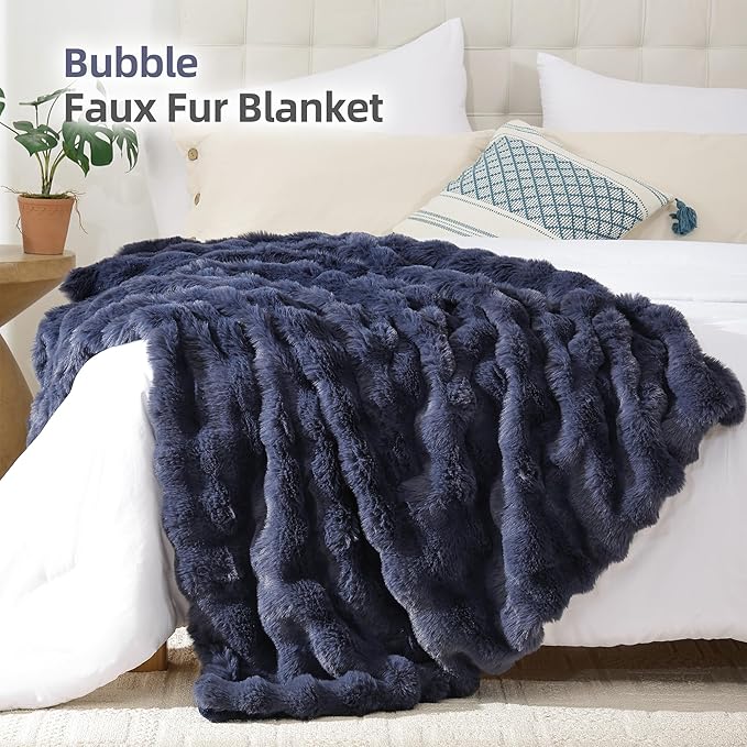 Smoofy Faux Fur Throw Blanket for Couch – Navy Blue Fluffy Cozy Rabbit Fleece, Plush Soft Bubble Blanket for Sofa & Bed, for Mom, Warm Fuzzy Home Room Decor Throw 50" x 60"