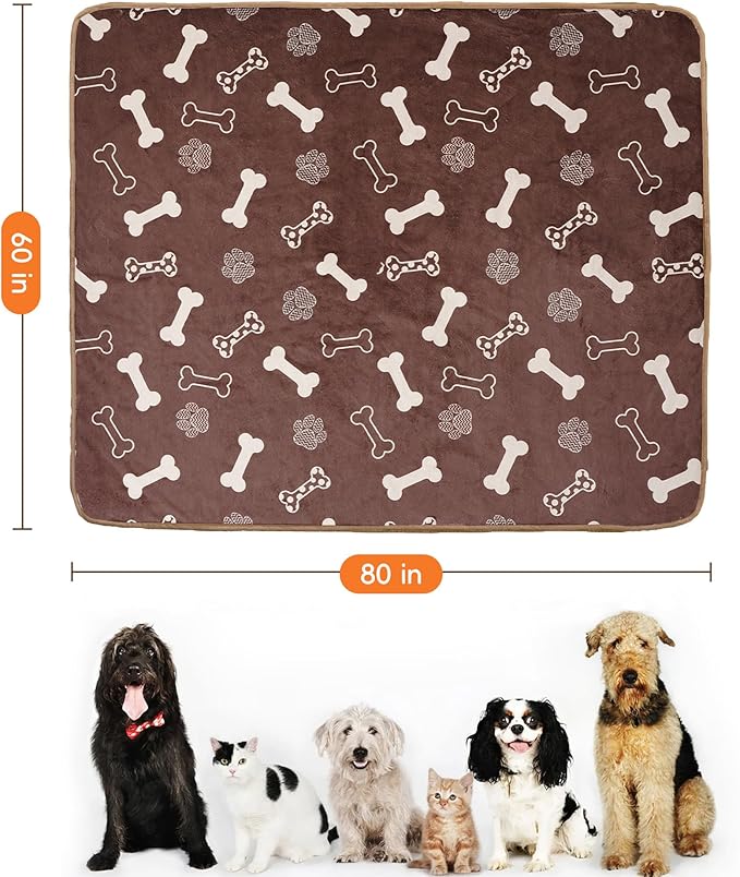 Waterproof Dog Blankets Pet Blanket 60"x80", Soft Fluffy Sofa Car Bed Protector, Reversible Sherpa Fleece Dog Blanket for Large Dogs (Chocolate Brown-Bones)