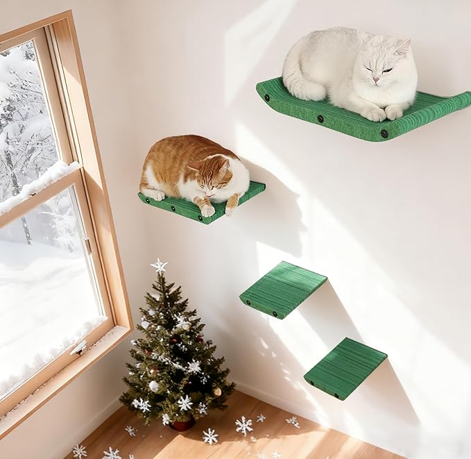 Cat Wall Shelves for Inside,Sound Proof PET Felt Cat Furniture Set,Scratch Resistant Wall Mouted Perch for Kitty Climbing, Sleeping and Lounging (Set of 4-Green)