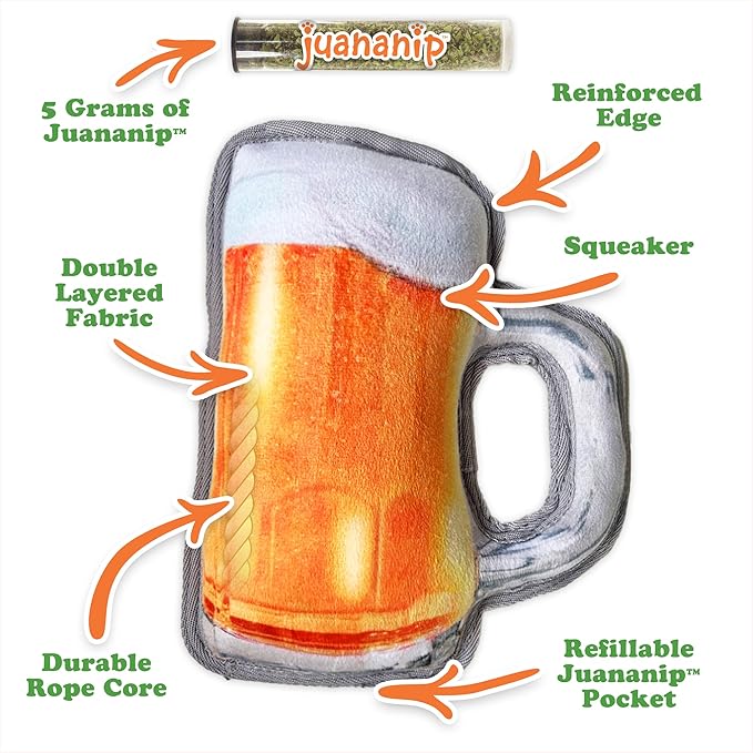 Doggijuana Tuffer Chewer Plush Dog Toy | Funny Dog Toy Plush with Juananip Catnip for Dogs | Calming Aid for Dogs | Interactive Squeaky Chew Toy for Play (Beer Mug Toy)