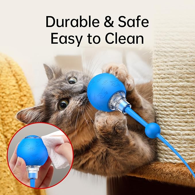Interactive Cat Toy for Indoor Cats,Automatic Electric Self Rotating Ball with Chirping, Led Light and Long Tail for Motion Activated, Smart Spinning Ball for Fun Exercise, Blue