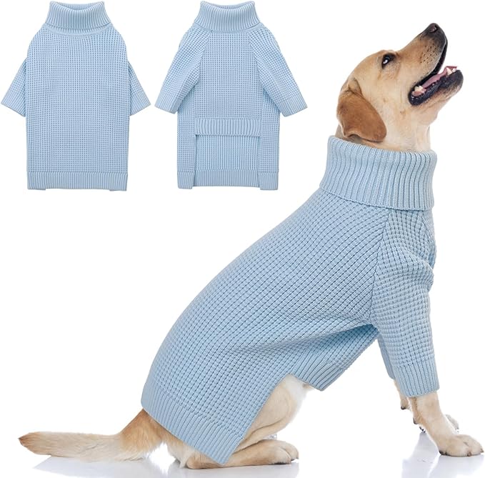 Queenmore Turtleneck Dog Sweater, Plaid Doggie Sweaters, Large Dogs Sweater with Check Pattern, Long Sleeve Holiday Pet Sweatershirt, Solid Dog Sweaters for Large Dogs, Blue L