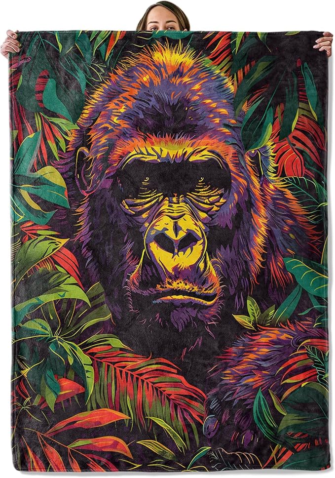 Gorilla Gifts, Wild Animal Blanket for Adults Women Kids, 40x50 in, Cozy Fuzzy Warm Soft Throw Blankets for Bedroom, Camping, Couch, Decor