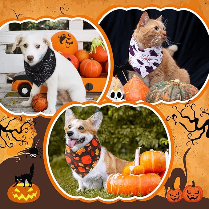 Sanwuta 120 Pcs Halloween Dog Bandanas Bulk Holiday Pumpkin Ghost Pet Dog Bandanas Thanksgiving Adjustable for Scarf Bibs Kerchief Triangle Set for Halloween Thanksgiving Christmas Pet Costume