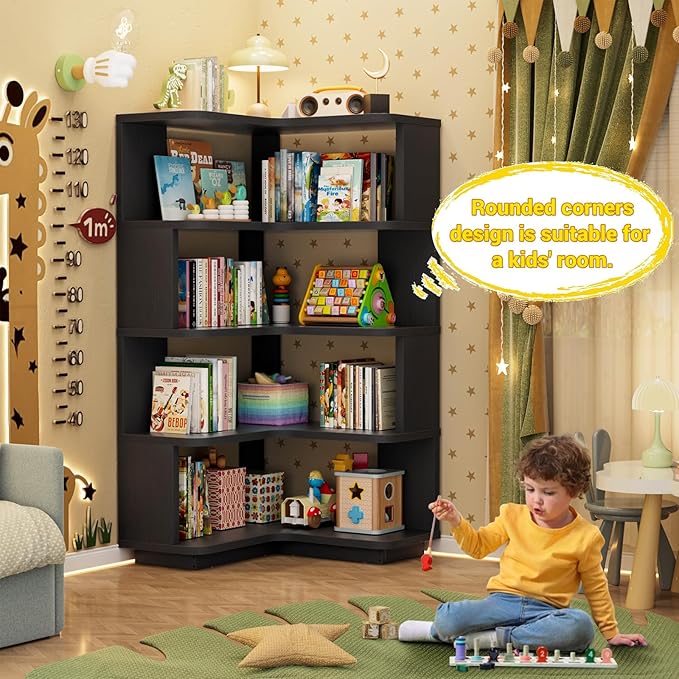 Armocity Corner Book Shelf - 5 Tier Corner Bookshelf Etagere Bookcase with Baffle, Freestanding L Shaped Display Shelf Stand for Home Office, Living Room, Bedroom, Kitchen, Black