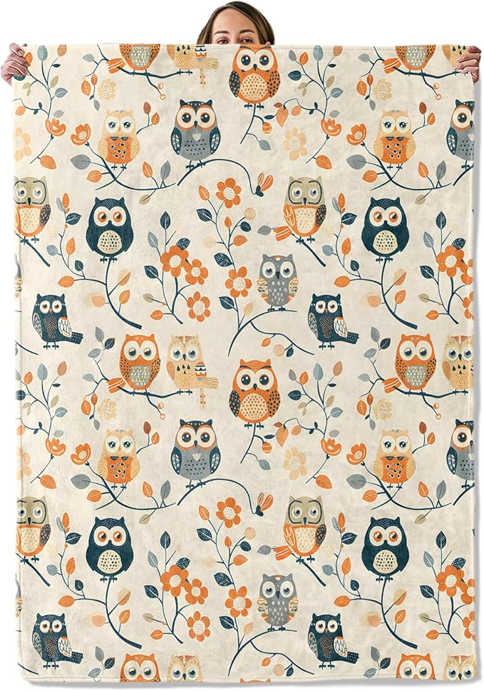 Owl Gifts, Owl and Flower Blanket for Adults Women Kids, 80x60 in, Cozy Fuzzy Warm Soft Throw Blankets for Bedroom, Camping, Couch, Decor