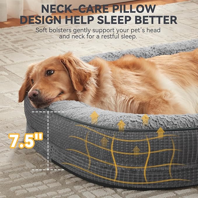 JOEJOY Orthopedic Dog Bed for Extra Large Dogs, Egg-Crate Memory Foam Pet Bed with Bolster Sides, Waterproof Lining, Removable Washable Cover & Non-Slip Bottom, Grey