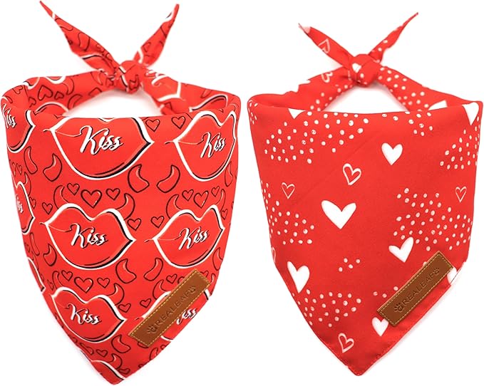 Realeaf Valentine's Day Dog Bandanas 2 Pack, Reversible Heart Dog Scarf for Boy and Girl, Premium Durable Fabric, Holiday Love Bandana for Large and Extra Large Dogs Pets (X-Large)