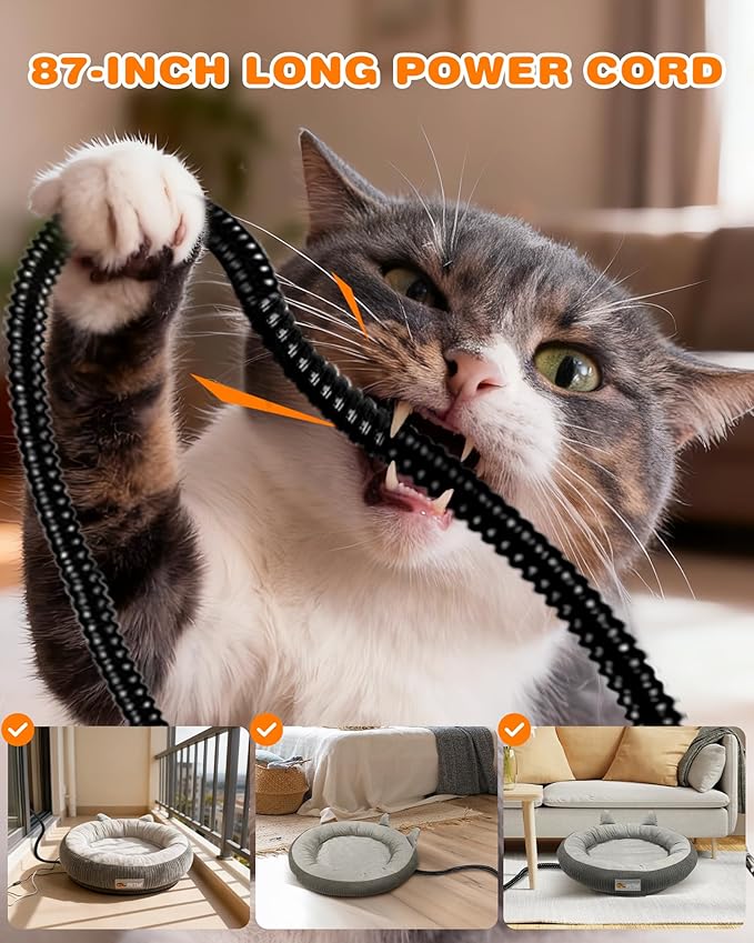 Heated Cat Bed Indoor Pets – Adjustable Temperature 86-131℉ Cat Heating Pad with Timer, Chew Resistant 87 Inch Cord, Washable Cover, Round Cozy Donut Pet Bed for Small Cats Kittens Dogs