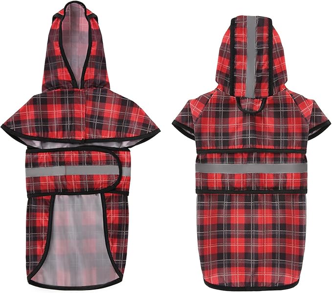 HDE Dog Raincoat Jacket Reflective Adjustable Hooded Pet Poncho Rain Coat with Leash Hole for Small to X-Large Dogs Plaid - L