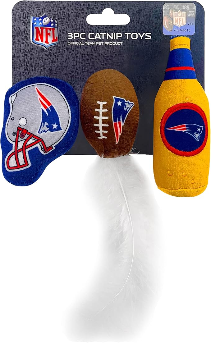 BEST PLUSH CAT TOY: NFL NEW ENGLAND PATRIOTS Complete Set of 3 piece Cat Toys filled with Fresh Catnip. Includes: 1 Helmet Cat Toy, 1 Football Cat Toy with Feathers & 1 Beer Bottle all with Team LOGOS