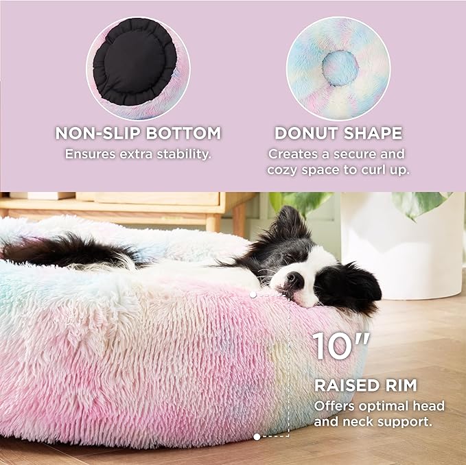 Bedsure Calming Dog Bed for Large Dogs - Donut Washable Large Pet Bed, Anti-Slip Round Fluffy Plush Faux Fur Dog Bed, Fits up to 80 lbs Pets, Multi-Colored, 36 inches