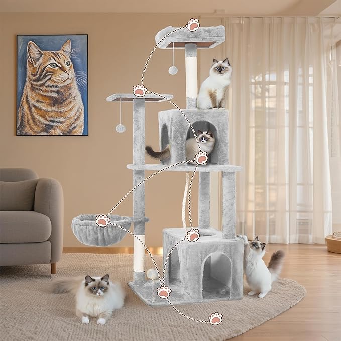 Cat Tree, 54-Inch Cat Tower for Indoor Cats,Plush Multi-Level Cat Condo with Scratching Posts, Basket, Perches,2 Caves,2 Pompoms (Light Grey)