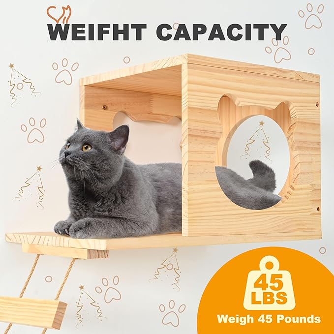 PETKABOO Cat Wall Shleves and Perches, Pine Wooden Cat Wall Furniture Climbing Shelves with Climber, Condo, Scratching Post, Ladder & Platform