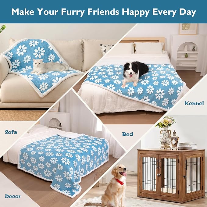 Waterproof Blanket for Dog Cat or Adult, Cute 3D Textured Flower Dog Blanket for Bed Couch Sofa, Soft Liquid Pee Proof Pet Furniture Protector, 60"x80", Blue