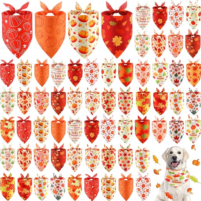 Chunful 60 Pcs Fall Bandanas for Dogs Autumn Maple Leaf Pumpkin Patterns Soft Bibs Adjustable Triangle Doggie Scarf for Small Medium Large Pet Costume(31.5 x 21.7 x 21.7 Inch)