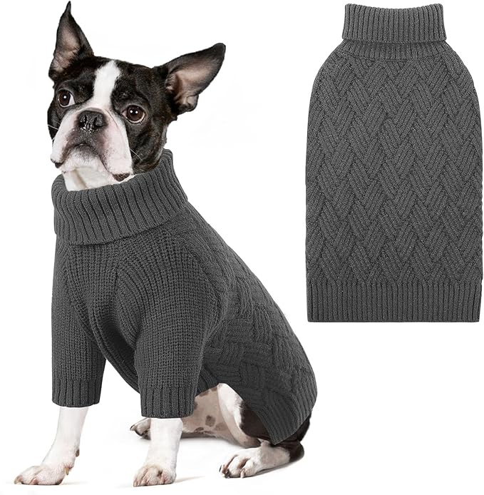 SUNFURA Dog Sweater, Medium Dog Sweaters Doggie Pullover for Fall Winter, Fleece Pet Christmas Sweaters for Holiday, Warm Turtleneck Knitwear for French Bulldog, Boston Terrier, Grey M