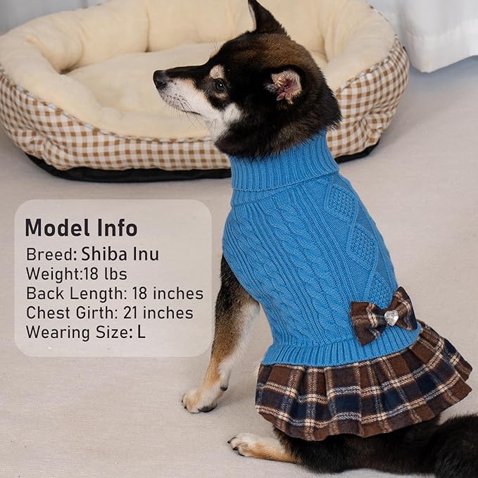 KYEESE Dog Sweater Soft Turtleneck Cat Sweaters Comfy Dogs Clothes with Bowtie Thick Dog Sweaters for Small Dogs Male Stretchy Knitwear Pet Sweater Dress Warm Pullover Pet Coats, Blue, X-Large