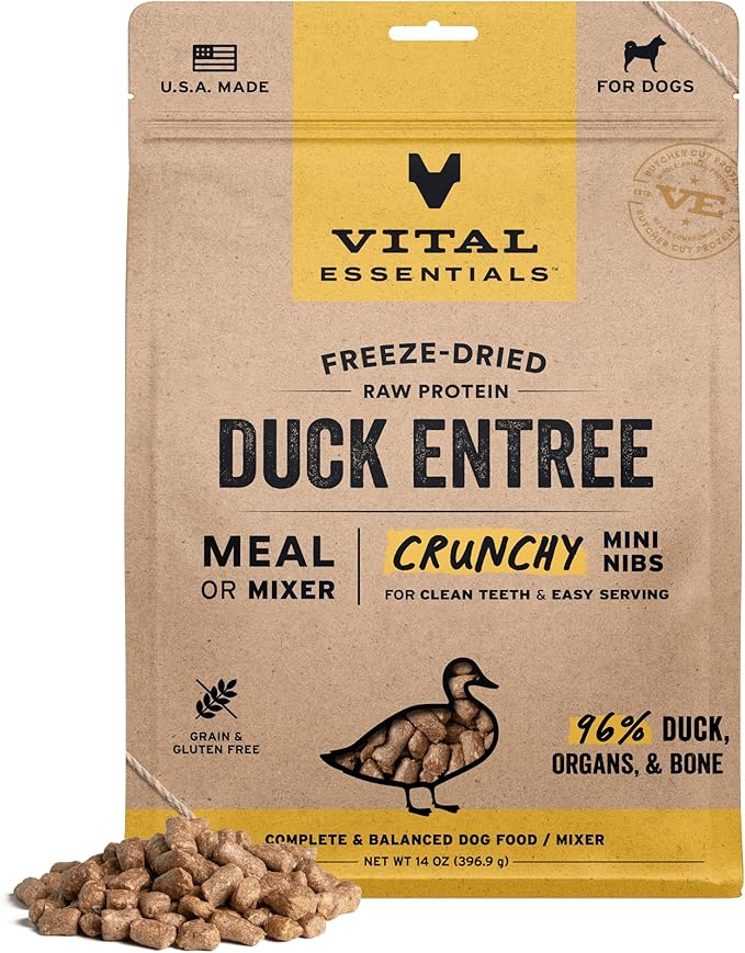 Vital Essentials Freeze-Dried Raw Duck Meal or Mixer Dog Food Crunchy Mini Nibs, 14 oz