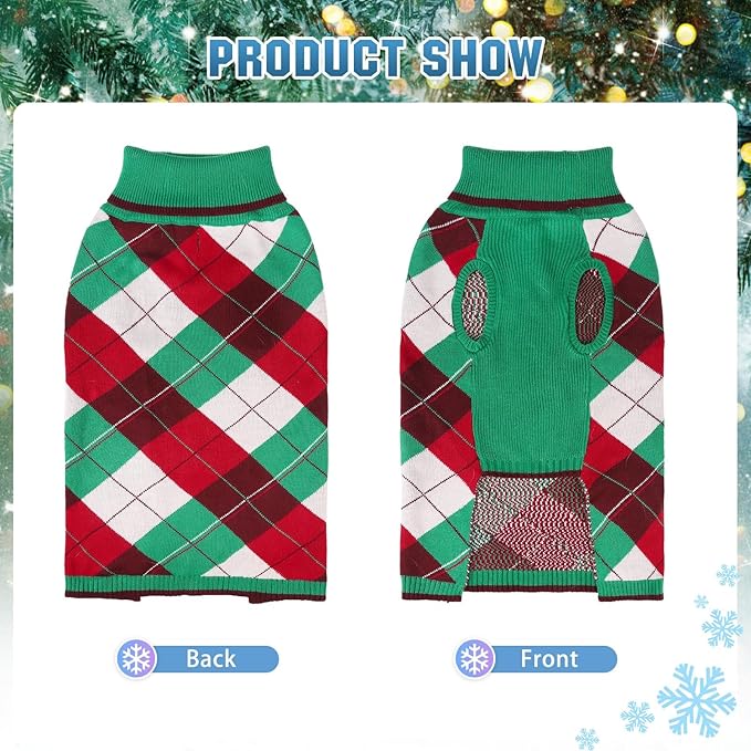 KOOLTAIL Dog Christmas Sweater Pet Knitted Clothes - Classic Plaid Pull Over Turtleneck Dog Sweaters with Leash Hole Warm Dogs Winter Clothing for Small Medium Dogs Cats Puppy (Green & Red SM)
