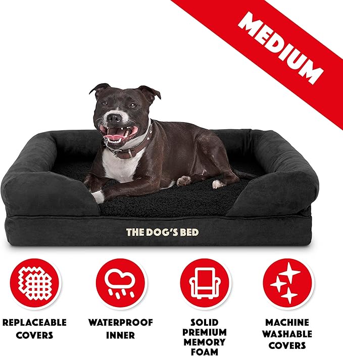 The Dog’s Bed, Medium Black Faux PL, Memory Foam, Pain Relief: Arthritis, Hip & Elbow Dysplasia, Post Surgery, Lameness, Supportive, Calming, Washable Cover