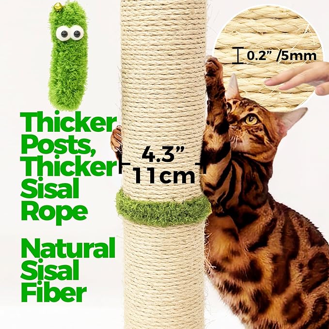 TINYBEAST 34.7" Tall Cat Scratching Post, 3 in 1 Sisal Cat Scratcher, Heavy Duty 4.3" Diameter Cat Tree with Hanging Bell Ball Toy and Reinforced Stable Base for Indoor Adult Cats & Kittens(Beige)