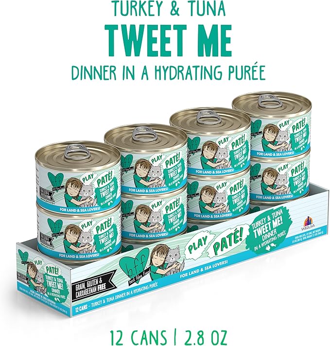 B.F.F. Play - Best Feline Friend Paté Lovers, Aw Yeah!, Turkey & Tuna Tweet Me! with Turkey & Tuna, 2.8oz Can (Pack of 12)