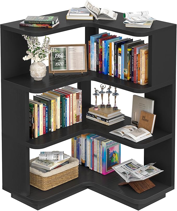 Armocity Corner Book Shelf - 4 Tier Corner Bookshelf Etagere Bookcase with Baffle, Freestanding L Shaped Display Shelf Stand for Home Office, Living Room, Bedroom, Kitchen, Black