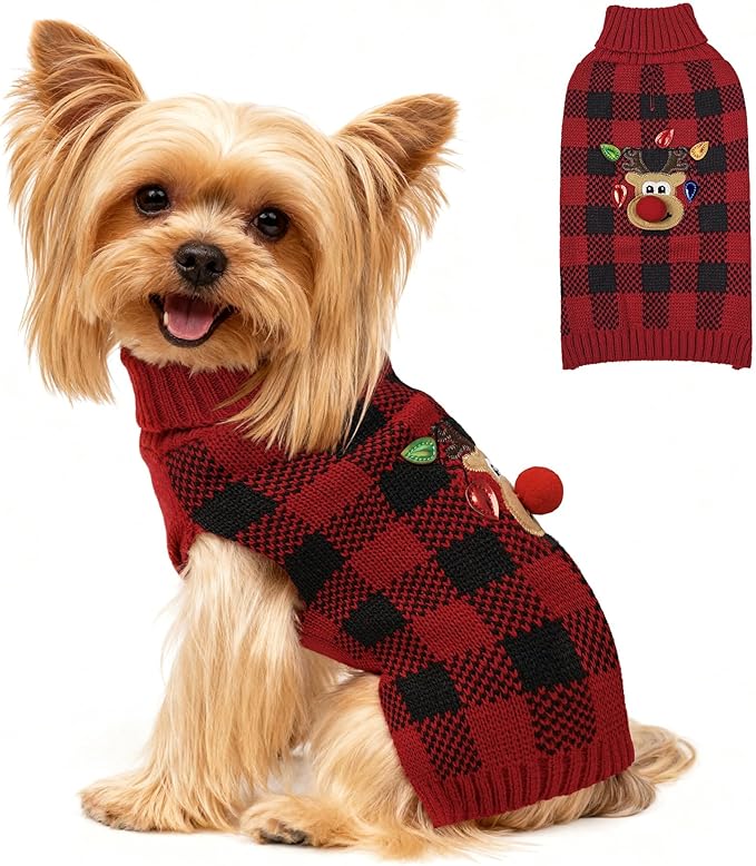 WOYYHO Dog Sweater for Small Dogs, Reindeer & Red Buffalo Plaid Knit Sleeveless Turtleneck | Warm Winter Puppy Clothes with Leash Hole for Chihuahua, Yorkie, Dachshund S