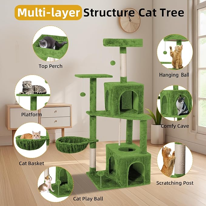 Cat Tree 54-Inch Cat Tower with Padded Plush Perch 2 Comfy Caves, Scratching Posts, Basket, 2 Pompoms, Multi-Level Plush Cat Condo for Indoor Cats Kittens, Green