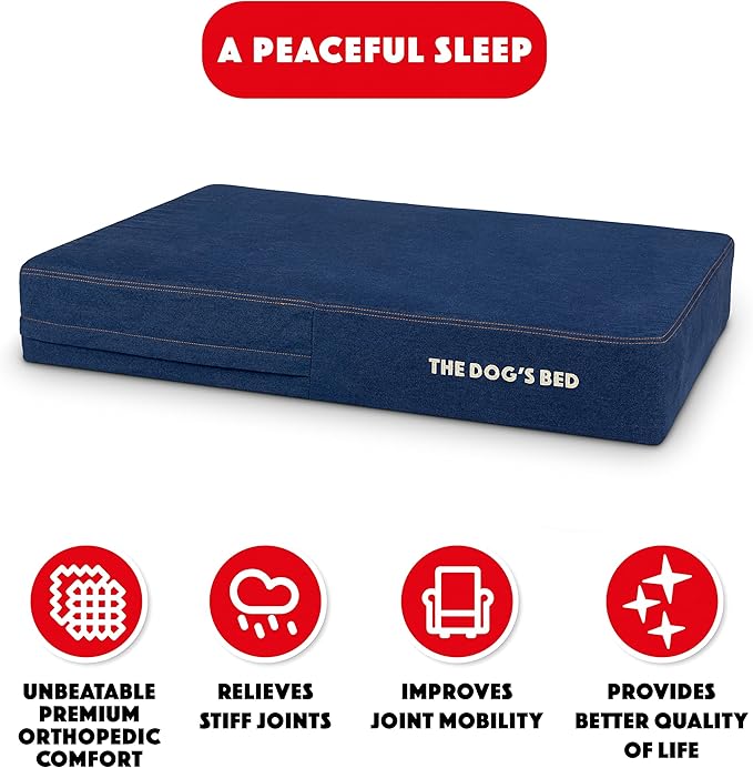 The Dog’s Bed Orthopedic Memory Foam Dog Bed, Large Blue Denim, Pain Relief for Arthritis, Hip & Elbow Dysplasia, Post Surgery, Lameness, Supportive, Calming, Waterproof Washable Cover