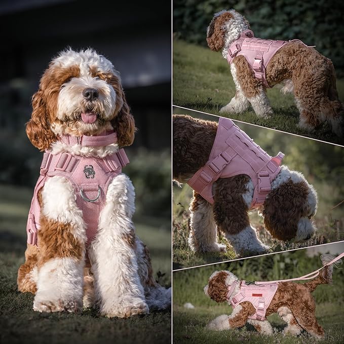 OneTigris Tactical Dog Harness Vest,No-Pull Service Dog Vest with Hook & Loop Panels,Adjustable Dog Vest Harness for Walking Hiking Training(Pink,XL)