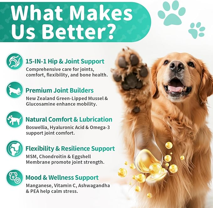 Dog Hip and Joint Supplement, 15-in-1 Advanced Glucosamine for Dogs with Chondroitin, MSM, New Zealand GLM, Pea, Omega 3 - Chicken Flavor - 90 Soft Chews, Fits All Breeds and Sizes