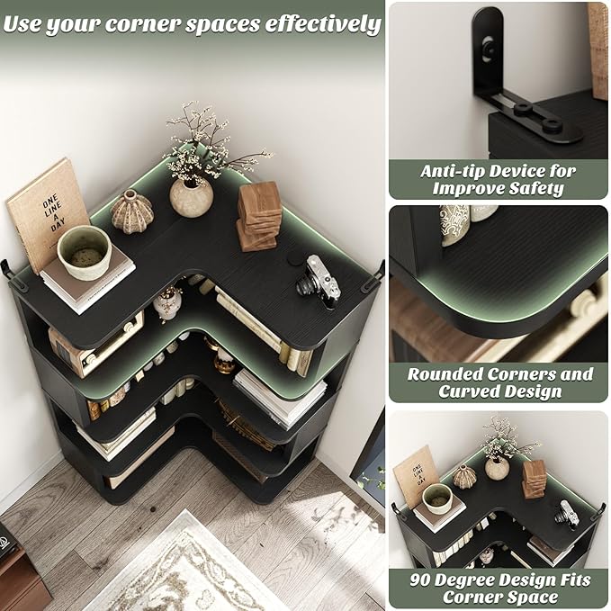 Armocity Corner Book Shelf - 5 Tier Corner Bookshelf Etagere Bookcase with Baffle, Freestanding L Shaped Display Shelf Stand for Home Office, Living Room, Bedroom, Kitchen, Black