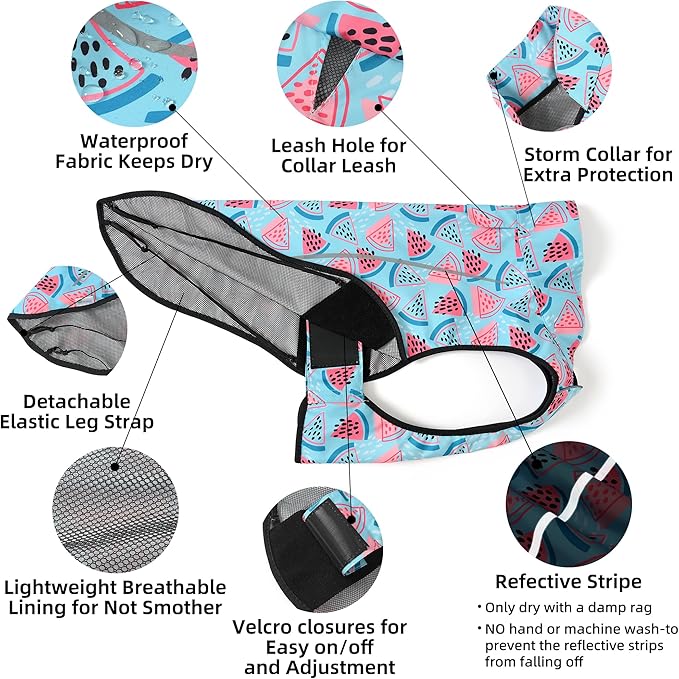 Mile High Life Dog Raincoat, Adjustable Waterproof Reflective Rain Jacket for Small Medium Large Dogs, Lightweight Breathable Pet Rain Coat with Leash Hole(Light Blue Watermelon,M Chest 26-32")