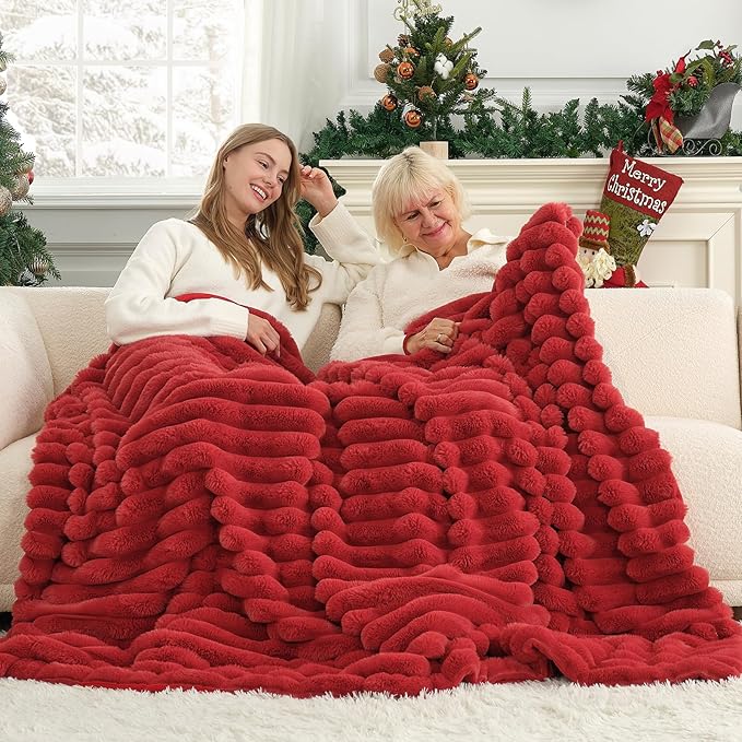Cozy Bliss Faux Fur Throw Blanket for Couch, Cozy Warm Plush Striped Blanket for Sofa Bedroom Living Room, 50 * 60 Inches Cardinal Red