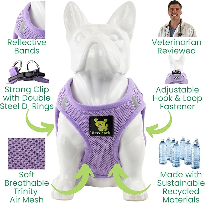 EcoBark Step in Dog Harness - Eco-Friendly Dog Harnesses for Small and Medium Breed Dogs - Reflective and Adjustable Body Halter Vest - Soft Mesh Toy Breed Harness (Lavender, XL)