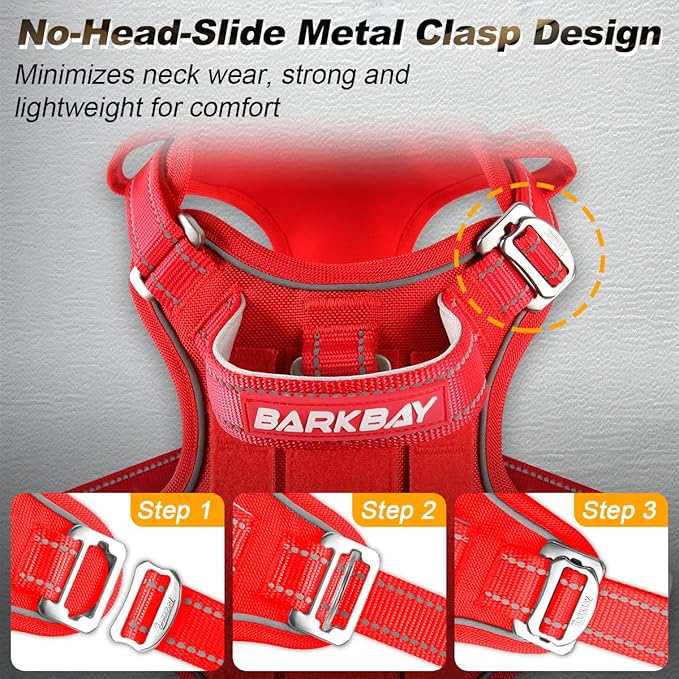 BARKBAY Service Dog Vest Tactical Dog Harness Medium Large Sized Dog Tags Personalized No Pull Adjustable Harness Reflective K9 Working Training Easy Control Military Molle System(Red,L