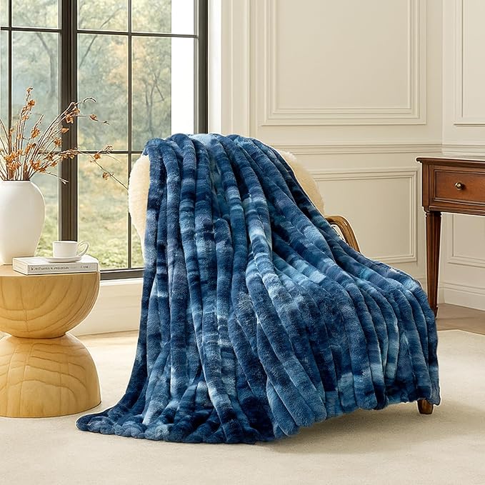 Cozy Bliss Faux Fur Throw Blanket for Couch, Cozy Warm Plush Striped Blanket for Sofa Bedroom Living Room, 60 * 80 Inches Tie-dye Blue
