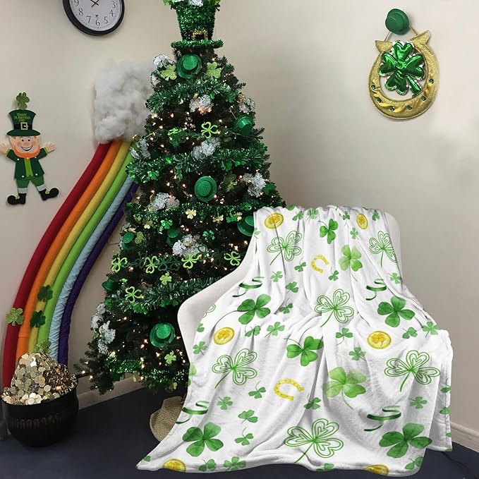 Greens Clovers St. Patrick's Day Blanket, Ireland Lucky Shamrock Throw Blanket, Gold Coin Horseshoe Fleece Blanket, Lightweight Soft Warm Flannel Blanket for Couch Sofa Chair, 50 x 60 Inch