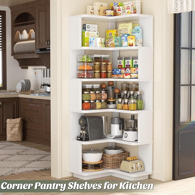 Armocity Corner Book Shelf - 6 Tier Corner Bookshelf Etagere Bookcase with Baffle, Freestanding L Shaped Display Shelf Stand for Home Office, Living Room, Bedroom, Kitchen, White