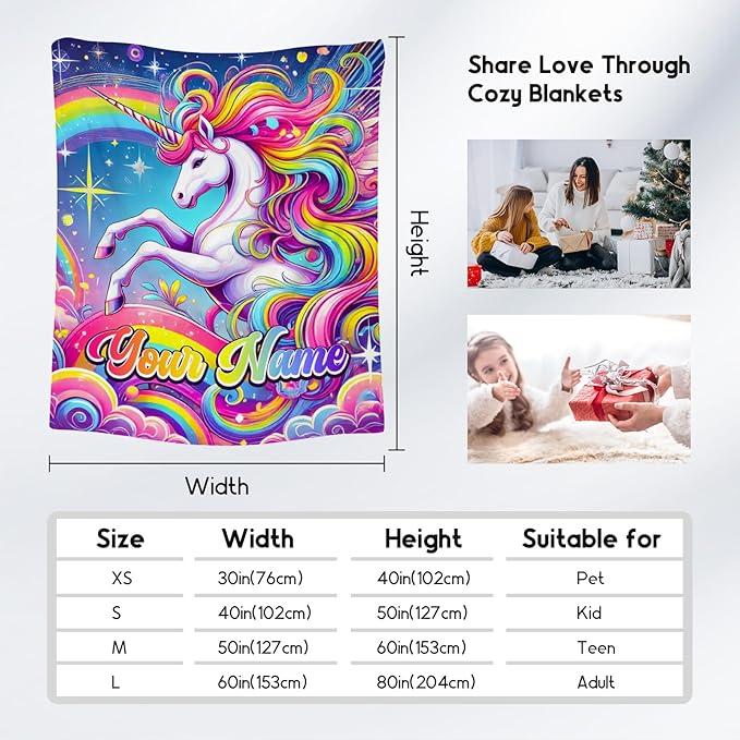 Unicorn Blankets - Personalized Kids Blanket Gifts for Girls - Flannel Soft Cute Throws for Room Decor, Couch,Office - 4 Sizes