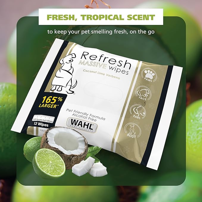 Wahl Refresh Massive Dog Wipes for Cleaning and Odor Control, Face, Body, Butt and Paw Cleaner for Dogs, Coconut Lime Verbena Scent, 36 Count, Model 3027119