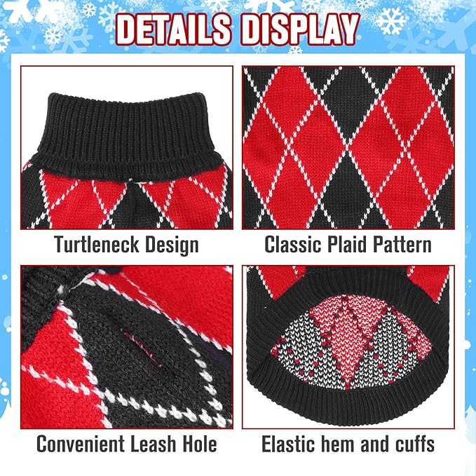 KOOLTAIL Dog Sweater, Knit Turtleneck Cold Weather Dog Sweaters for Small Medium Large Dogs, Soft Diamond Plaid Pullover Knitwear Pet Winter Warm Clothes, Pet Coat Puppy Sweater for Girls Boys S