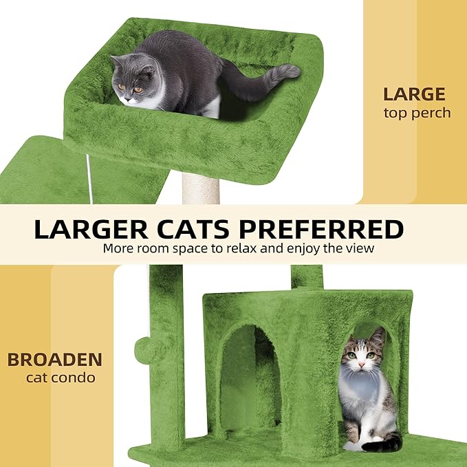 Cat Tree 54-Inch Cat Tower with Padded Plush Perch 2 Comfy Caves, Scratching Posts, Basket, 2 Pompoms, Multi-Level Plush Cat Condo for Indoor Cats Kittens, Green