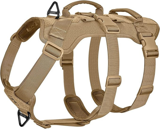 OneTigris Escape Proof Dog Harness, No Pull Dog Harness with Handles, Tactical Multi-Use Support Dogs Harnes for Large Dogs Everyday Wear Walking Hiking Training (Brown, Large)